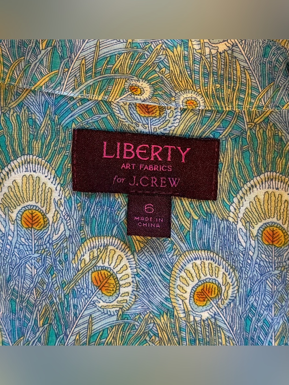 J. Crew Light Blue Peacock-Print Button-Down Cotton/Silk Shirt. Size 6 - Picture 2 of 10